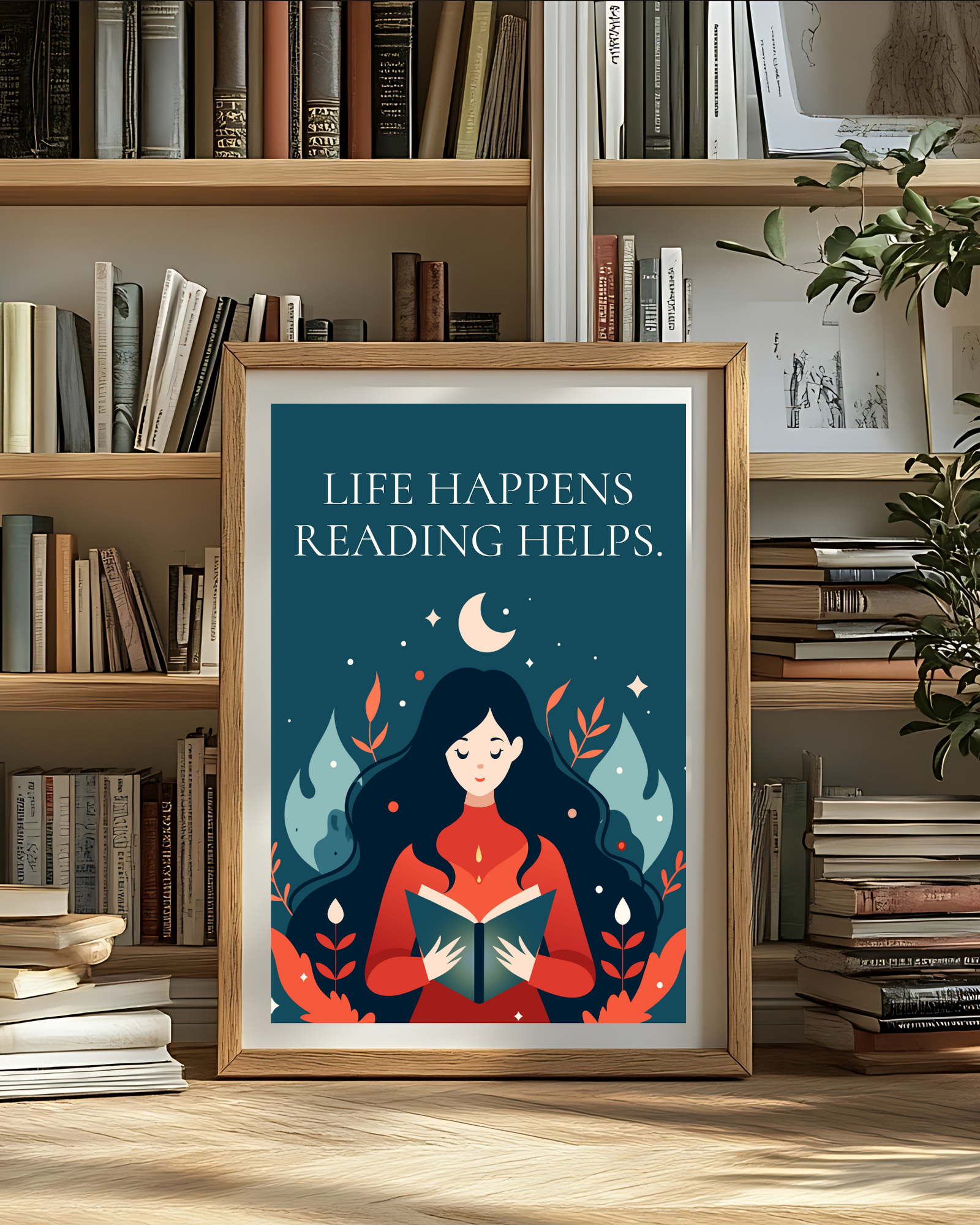 Life-happens-reading-helps-poster-near-bookshelf-musings-of-a-reader