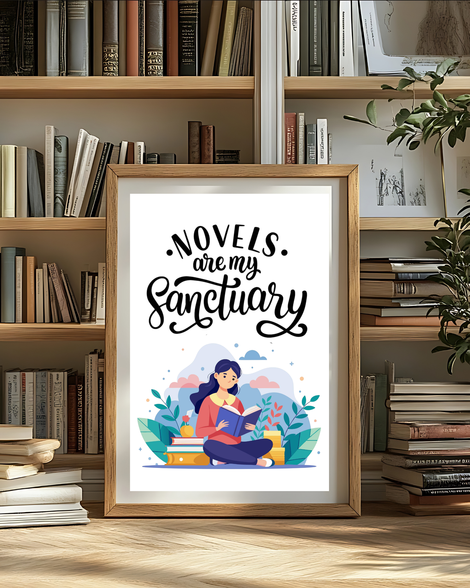 Novels-are-my-sanctuary-poster-near-bookshelf-musings-of-a-reader