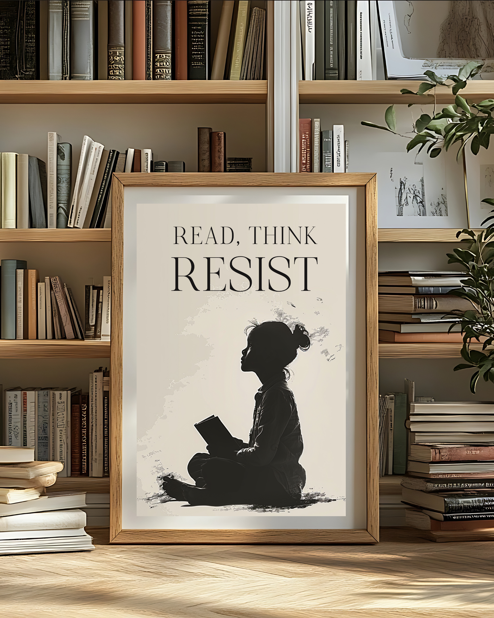 Read-think-resist-poster-near-bookshelf-musings-of-a-reader