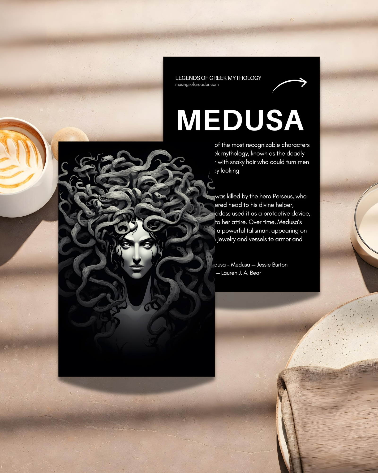 Medusa-front-and-back-lifestyle-mockup-greek-mythology-postcard-musings-of-a-reader