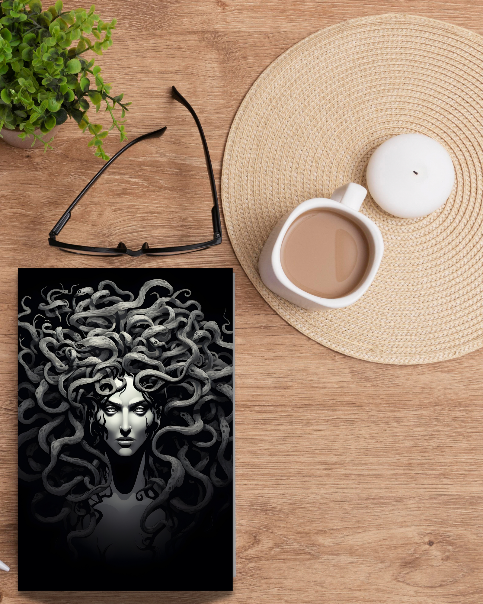 Medusa-postcard-reading-desk-flatlay-greek-mythology-postcard-musings-of-a-reader