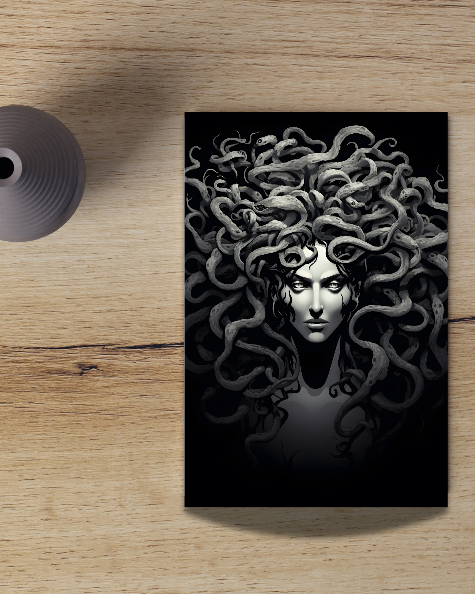 Medusa-postcard-wooden-surface-mockup-greek-mythology-postcard-musings-of-a-reader